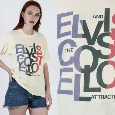 Vintage Elvis Costello T Shirt / 1984 Goodbye Cruel World Tour Tee / 80s Yellow 50 50 Thin Rock Concert T Shirt 