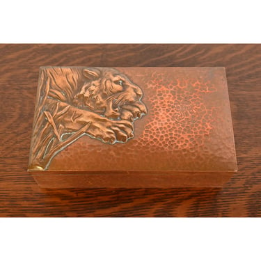 Roycroft Style Antique Arts & Crafts Hammered Copper and Silver Humidor or Cigar Box With Pouncing Tiger