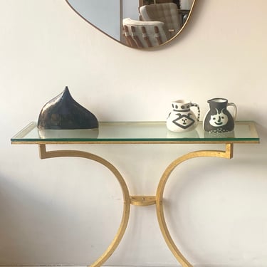 Roger Thibier  French Gilded Iron Console Glass Top c1970