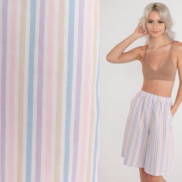 Pastel Striped Shorts 80s Wide Leg Shorts High Elastic Waisted Baggy Retro Summer Knee Length Culotte Pink Blue Purple Vintage 1980s Small S 