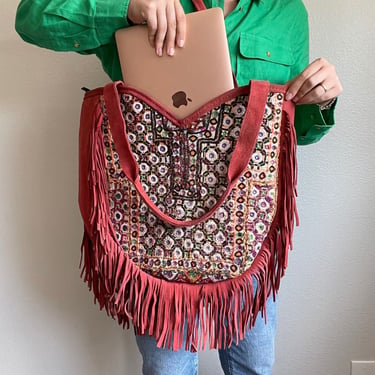 Fringe Suede Leather Embroidered Large Tote Boho Hippie Pool Laptop Shoulder Bag 