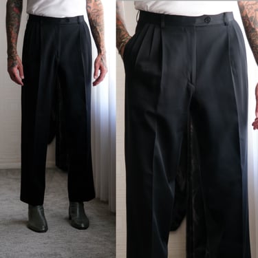 Vintage 80s Zanella for Bernini Beverly Hills Black Gabardine Cuffed Slacks | Made in Italy | 100% Wool | 1980s Italian Designer Mens Pants 