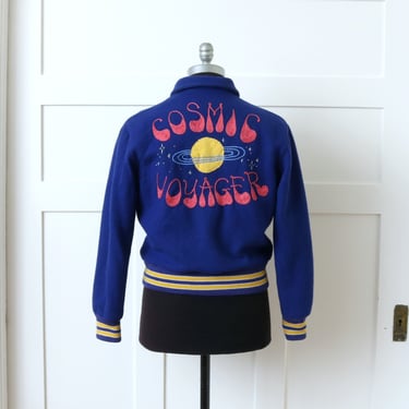 vintage chain stitch embroidery 'Cosmic Voyager' varsity jacket • purple wool Carl Sagan hand embroidered letterman jacket 