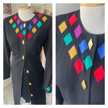 Vintage 1980s Black Duster Jacket with Colorful Suede Details & Decorative Buttons – Bold Statement Coat – Size Medium/Large 