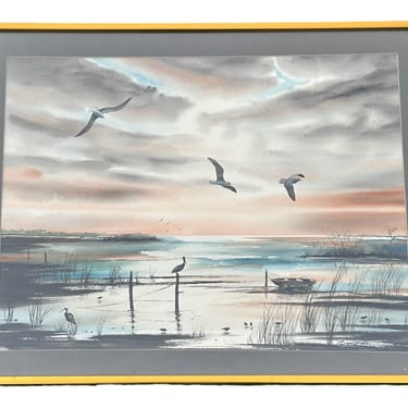 Vintage Coastal Waterscape Painting Framed Under Glass 