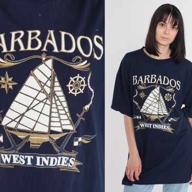 Barbados T-Shirt 90s West Indies Shirt Sailboat Graphic Tee Nautical Sailing Boat Yacht TShirt Tourist Navy Blue Vintage 1990s 2xl xxl 2x 