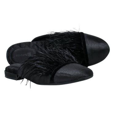 Birdie - Black Flat Mule Shoes w/ Feather Trim Sz 6