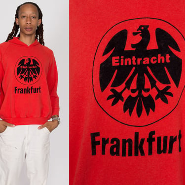 Medium 80s Eintracht Frankfurt Football Club Hoodie | Vintage Red Hooded Germany Soccer Team Sweatshirt 