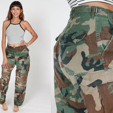 Camo Cargo Pants 90s Army Pants Military Combat Olive Green Camouflage Grunge Aesthetic Punk Rocker Streetwear Cotton Vintage 1990s Small R 