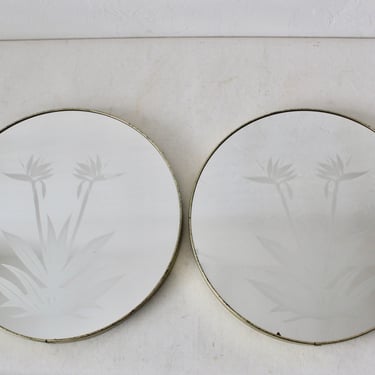 Gloria Erikson Style Brytone of NYC Round Wall Mirror with Etched Water Lilly Detail-a pair 