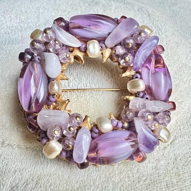 Miriam Haskell Lavender Brooch Baroque Pearl Ameythst Pink Seed Glass 