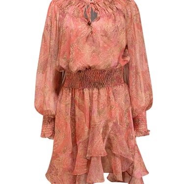 MISA Los Angeles - Pink, Cream, & Light Brown Paisley Print Tiered Dress Sz S