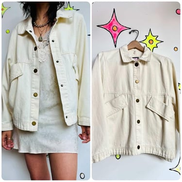 Vintage Light Off-White Denim Chore Coat – Grunge Barber Utility Jacket – Size L 