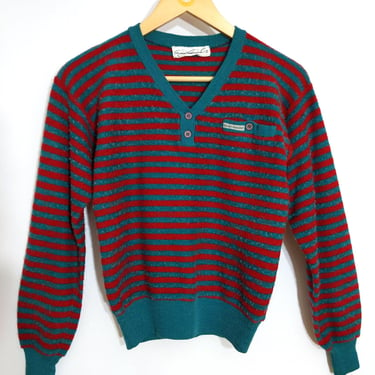 Cool Vintage 70s 80s Red & Teal Stripe Textured Knit Long Sleeve Top 