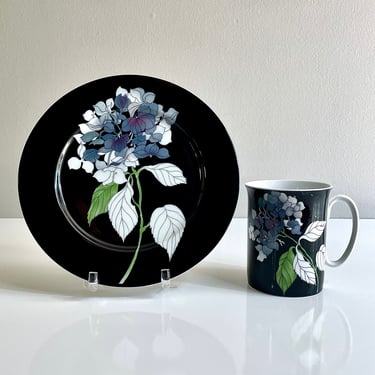 Block Spal, Hydrangea on Black by Mary Lou Goertzen, Wildflowers Watercolors Plate and Mug Set - Breakfast or Brunch set, Purple Green 