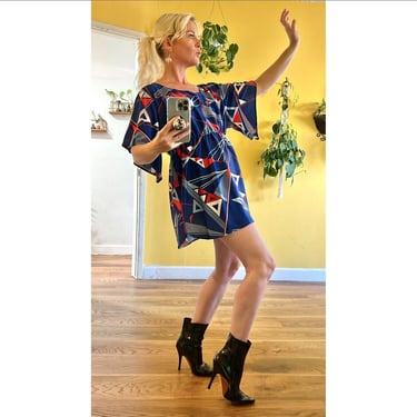 1970s Angel Sleeve Tunic Abstract Mini Dress Red White and Blue Clothing 70s Clothes 