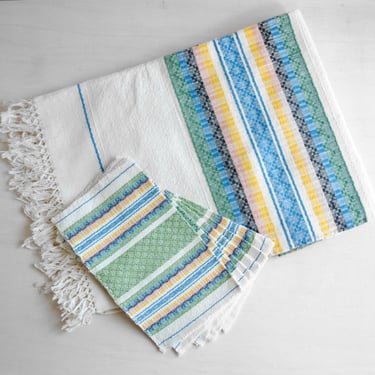 Vintage Mexican Tablecloth and Napkin Set, Green and Blue Striped Cotton Linens 