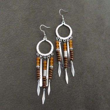 Boho chic beaded chandelier earrings, silver and orange 