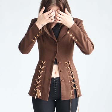 Vintage Plein Sud by Faycal Amor Early 2000s Brown Wool Blazer with S Curve + Lace up sz FR 38 6 S Suede Corset Detail 