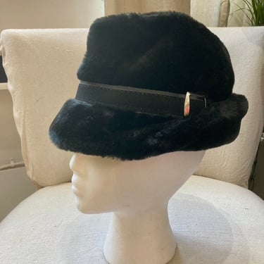 Vintage 60s FAUX FUR FEDORA / Quilted Lining + Ear Flaps / Faux Leather Hatband 