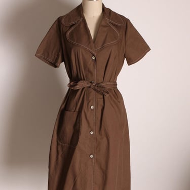 1970s Brown Button Up Short Sleeve Dog Ear Collar Belted Dress by Ship N’ Shore -L 