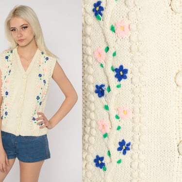 Boho Sweater Vest 70s Cream Floral Embroidered Knit Top Hippie Crochet Textured Button Up Sleeveless Sweater Festival Vintage 1970s Small S 