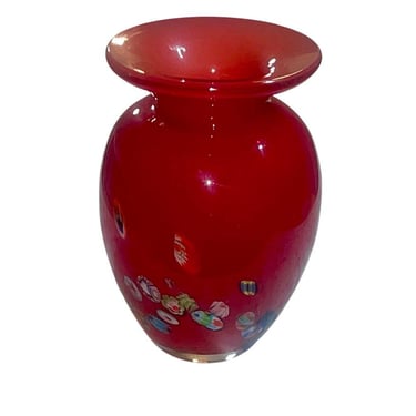 Vintage Hand-Blown Red Millefiori Vase | Italian Art Glass | Heavy & Elegant 6.75