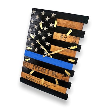 Whiskey Barrel Police Flag Clock - Law Enforcement Gifts - Reclaimed Bourbon Barrel Clocks - Rustic Americana Decor - Men & Women In Uniform 