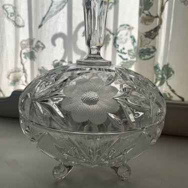 Antique CRYSTAL Footed, Deeply Etched, Candy Dish With Lid 