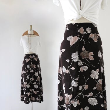 dark floral button front skirt - 28 - vintage 90s y2k dark brown rose flower size 6 size midi cute cottage cottagecore long spring summer 