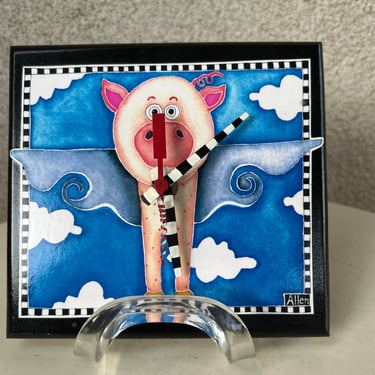 Vintage 80s small square kitschy wall clock Flying pig theme by Allen 