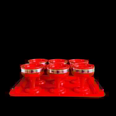Vintage Set of 6 Morinox Italy Red Plastic & Chrome Footed Desert Cups with Coaster Lids and Red Enameled Metal Tray Black Handles Italy 