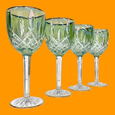 Vintage CreArt Wine Glasses Retro 1960s Mid Century Modern + Italian + Hand Cut + 24% Lead Crystal + Green and Clear + Set of 4 + Barware 