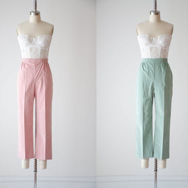high waisted pants | 80s 90s vintage mint green pastel pink cottagecore corduroy straight leg cropped pants 