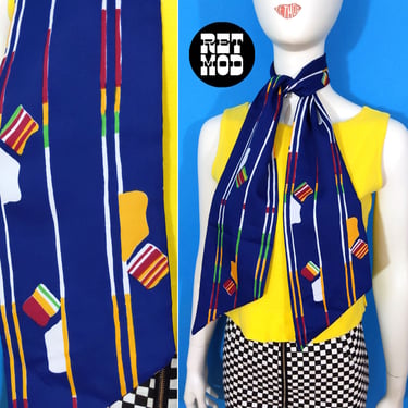 Nautical Mod Vibes Vintage 60s 70s Navy with Abstract Shapes Long Scarf 