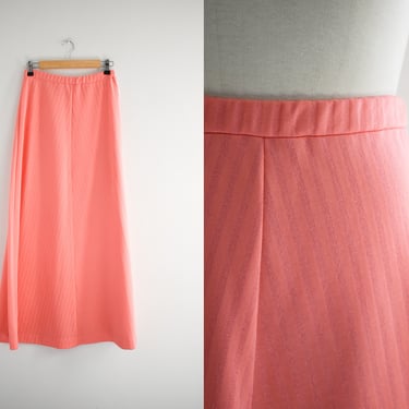 1970s Sears Coral Pink Knit Striped Maxi Skirt 