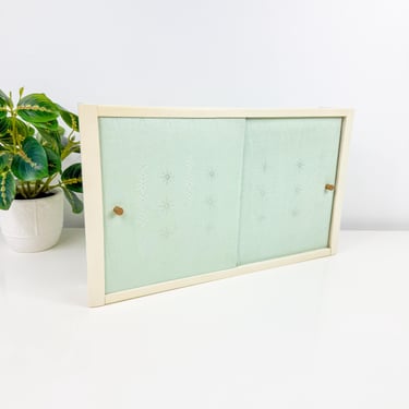 Vintage Mint Wall Mount Farrington Jewelry Box/Cabinet, Medicine cabinet style, blue crushed velvet interior, gold atomic starburst design 