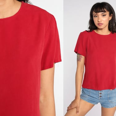 Red Silk Shirt 80s Blouse Plain Shirt SILKY Top Short Sleeve Blouse Vintage 90s Blouse Simple Shirt Medium 8 