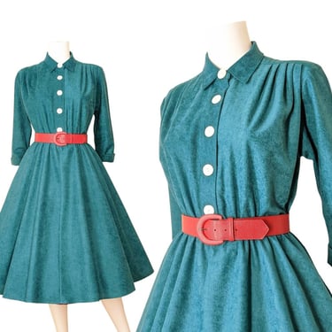 Vintage Green Shirt Dress, Large / 1950s Style Flared Swing Dress / Simple Teal Midi Winter Dress 