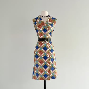 Sweet 1960's Daisy &amp; Diamond Printed Shift Dress / Sz M/L
