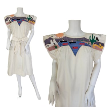 1970's Cream Cotton Applique Southwest Theme Smock Dress I Sz Med I Girasol 