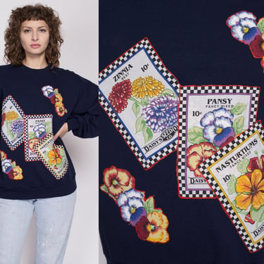 XL 90s Flower Seed Packets Graphic Sweatshirt | Vintage Navy Blue Floral Long Sleeve Crewneck 