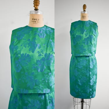 1950s/60s Blue and Green Floral Brocade Two Piece Dress Set 