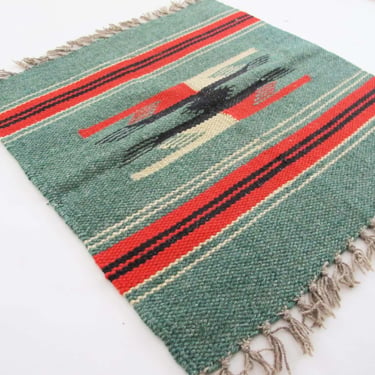 Vintage 1950s Hand Woven Wool Southwestern Table Runner 14x14 - 50s Striped Red Green Black Chimayo Tapestry - Desert Boho Decor 