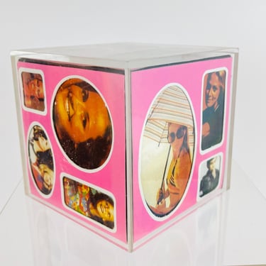 Vintage 1970s MOD Acrylic Clear Square Cube Box Photo Collage Grid Showcase Desk Paperweight 