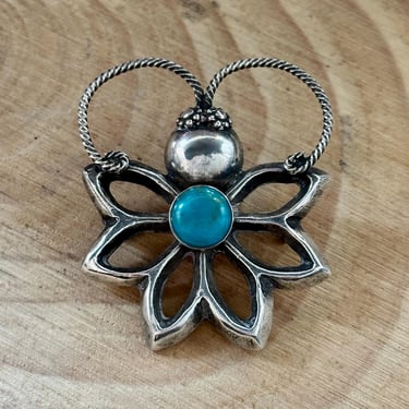 NAVAJO BROOCH Vintage Turquoise Butterfly Flower Sterling Silver Pin | Mid Century Vintage | Native American Made Jewelry, Southwestern 