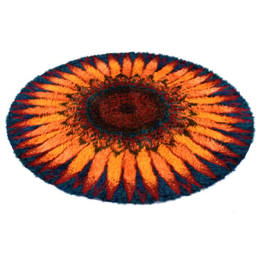 7 Foot Round Scandinavian Rya Rug Vintage 1970s Sunflower Red Blue Orange 