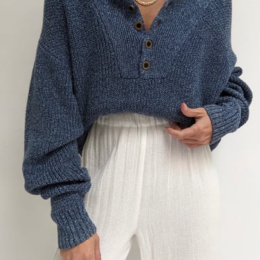 Vintage Ocean Blue Cotton Henley