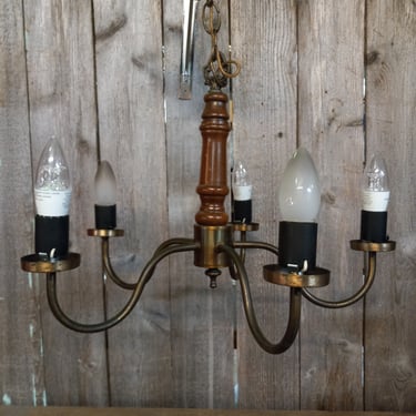 Vintage Wood and Metal 5 Arm Chandelier 18 x 13