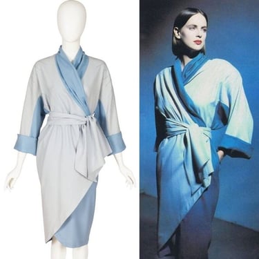 PAYMENT #1: Thierry Mugler 1984-85 F/W Vintage Two-Tone Blue Wool Wrap Dress Sz S 